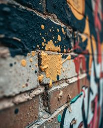 A stunning extreme macro photograph captures the vibrant detail of graffiti-style colorful splashes on a rustic brick wall.  