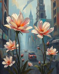 Vibrant iridescent colors meet the classic oil painting style in this surreal depiction of flowers blooming amidst the ruins 