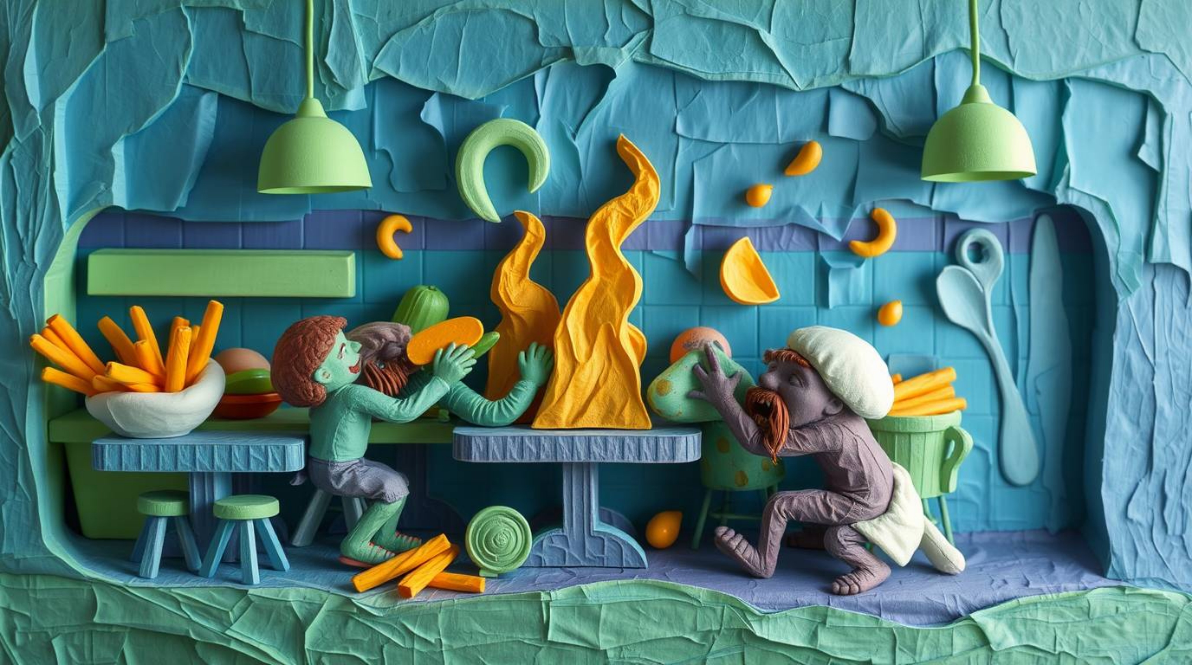 A vibrant and dynamic sculpted papier-mâché artwork captures the energy of a cartoon cafeteria food fight. Cool blues, greens
