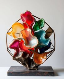 This cast bronze sculpture features a captivating interplay of colorful 3D fluid shapes interacting with geometric forms, res