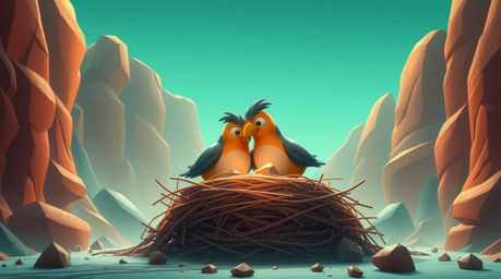 Witness an epic, modern animation scene featuring two cartoon birds constructing a massive nest.  The vibrant artwork boasts 