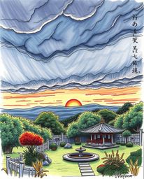 Witness the striking contrast of a serene Zen garden set against a sunset filled with intense, dramatic weather. This hand-dr