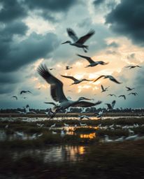 Dynamic motion captures herons flying through intense, dramatic weather during the golden hour in the wetlands. The scene is 