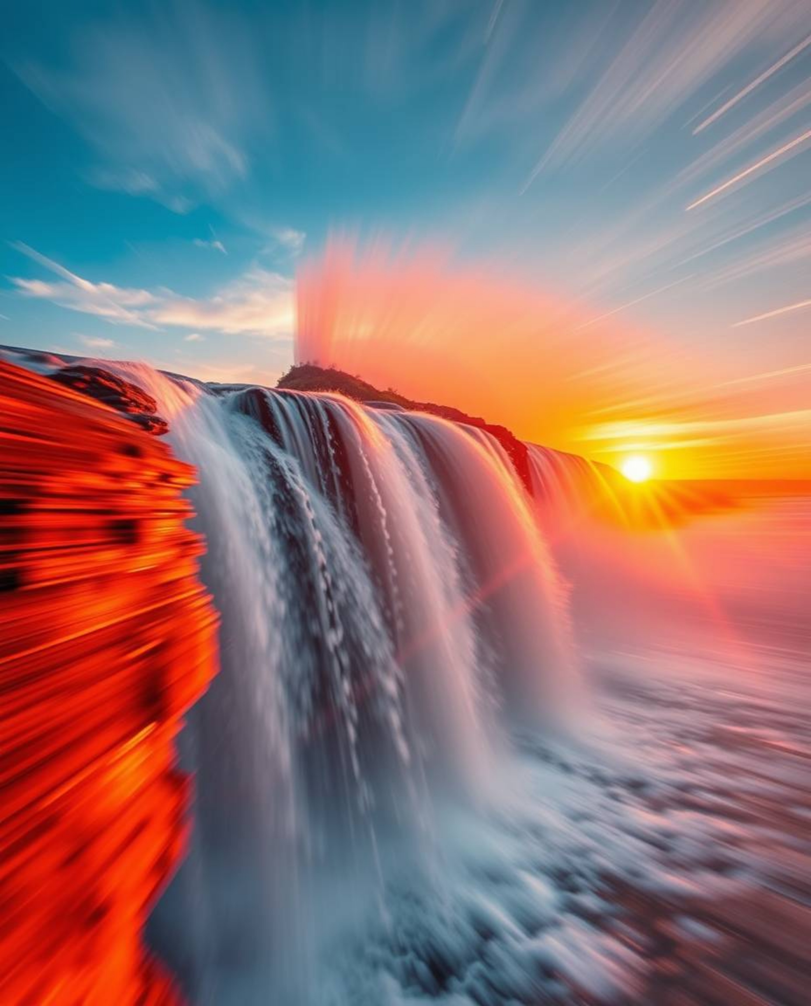 A dynamic and warm image captures a dramatic waterfall and setting sun in perpetual motion. Featuring blurred lines and energ