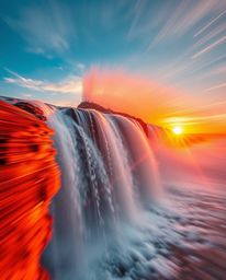 A dynamic and warm image captures a dramatic waterfall and setting sun in perpetual motion. Featuring blurred lines and energ