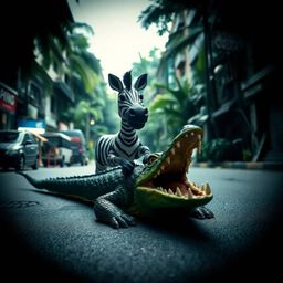 A dramatic street photography image captures a 3D cartoon zebra's unexpected escape from a crocodile in an urban setting. The