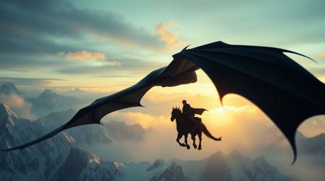 A breathtaking cinematic photograph depicts a dragon and its rider soaring above a majestic range of icy mountains. The image