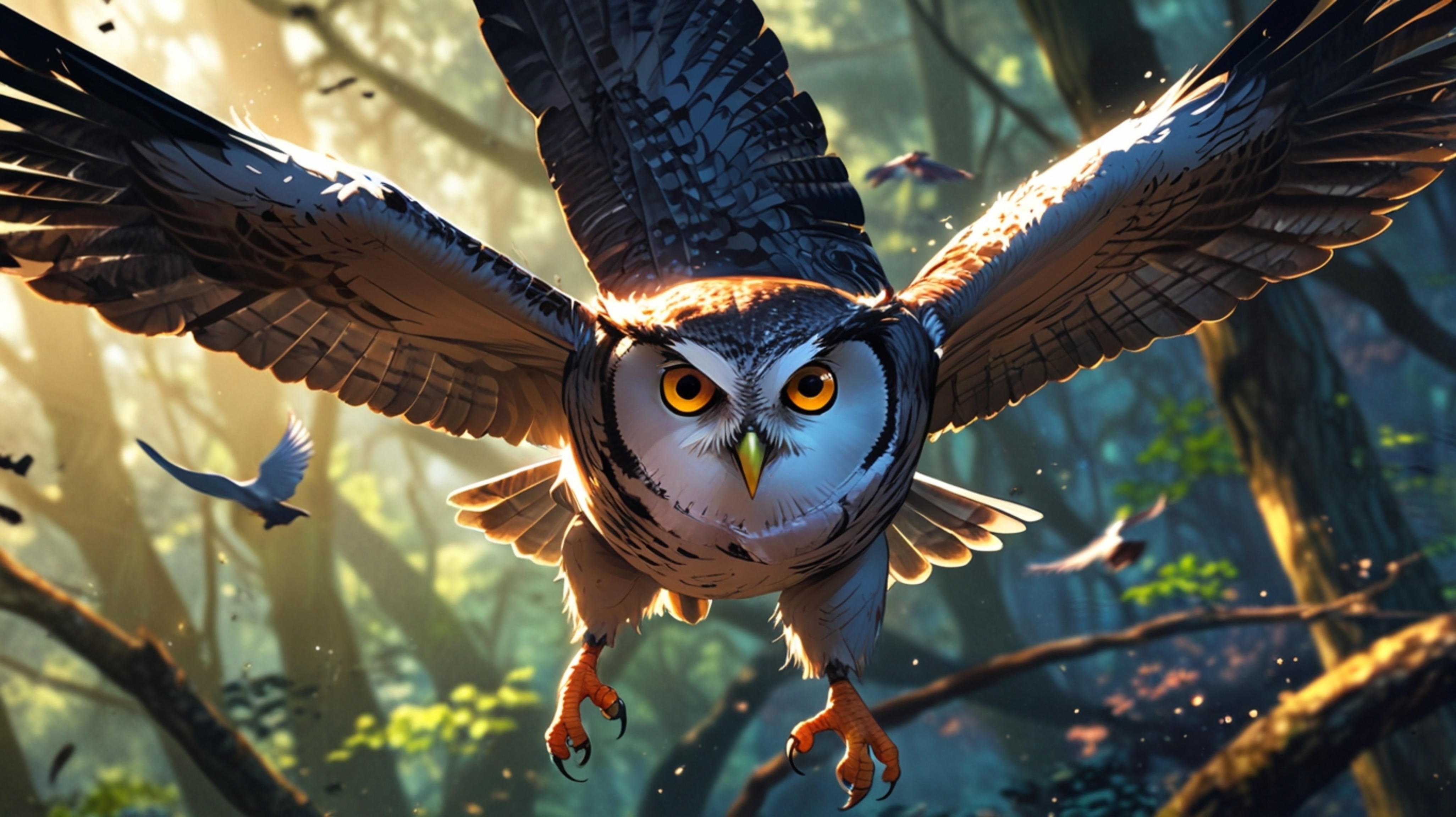 A stunning and magical scene, beautifully rendered in a captivating blend of Pixar and anime styles. A wise blind owl, the ul