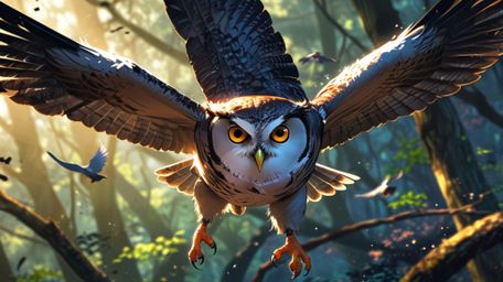 A stunning and magical scene, beautifully rendered in a captivating blend of Pixar and anime styles. A wise blind owl, the ul