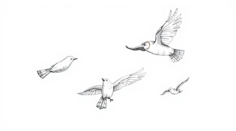 A hand-drawn sketch in the style of Pixar animation depicts a blind owl, rendered with textured pencil strokes and rough line