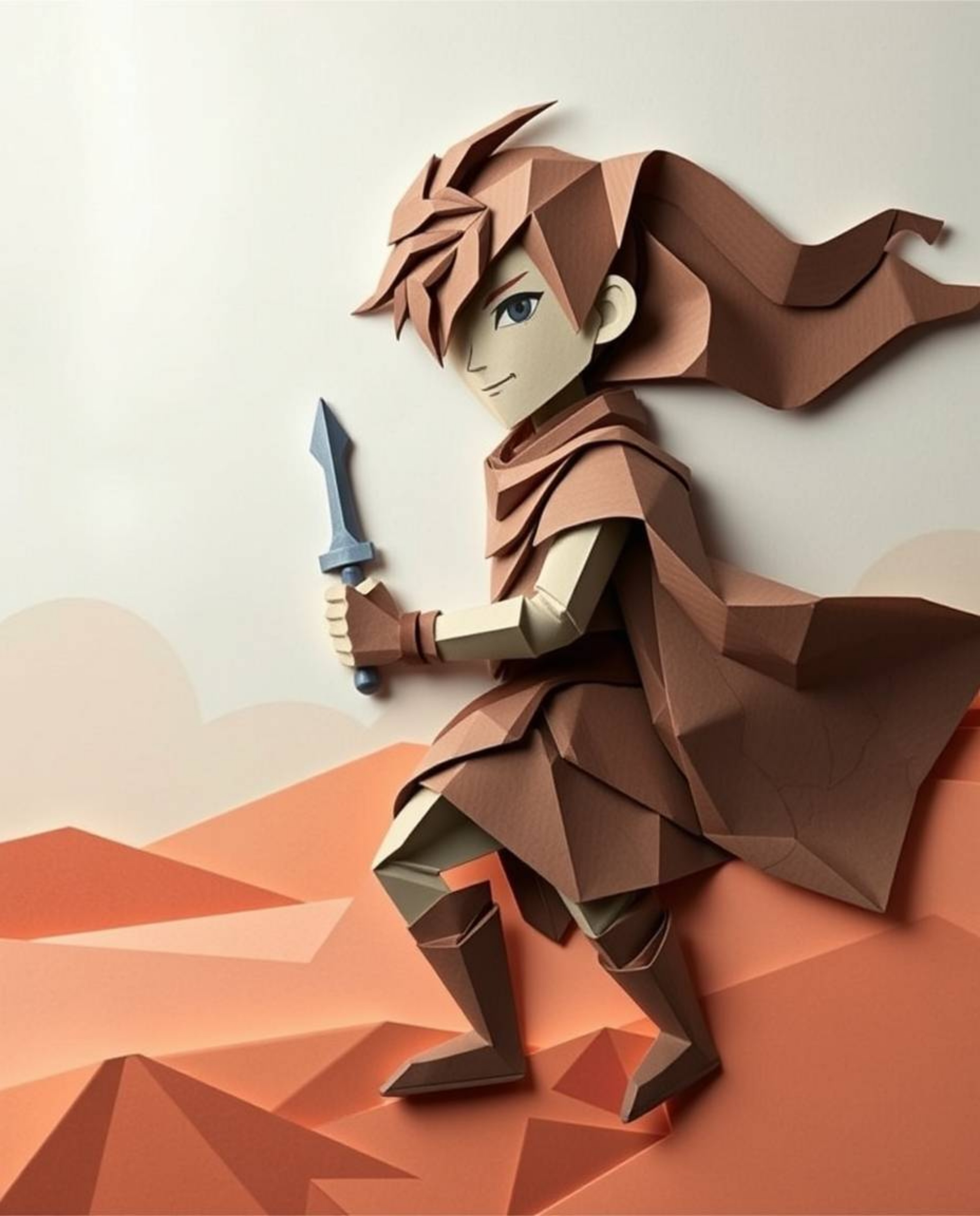 Discover a brave hero embarking on a thrilling desert adventure, rendered in exquisite origami style. This artwork features a