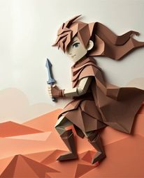 Discover a brave hero embarking on a thrilling desert adventure, rendered in exquisite origami style. This artwork features a