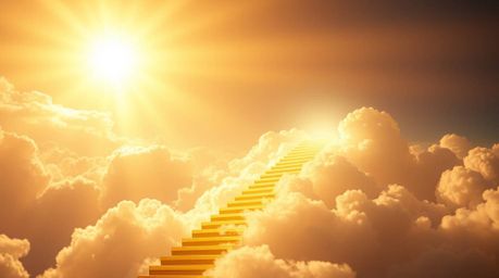 A captivating fine art photograph depicting a golden staircase ascending through clouds towards a radiant heaven, illuminated