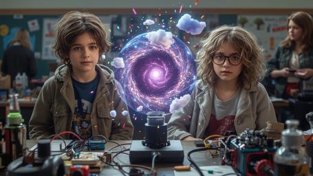 In a highly detailed, vibrant, and whimsical cinematic photograph, two enthusiastic science fair students—a boy with messy br