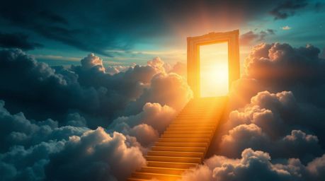 A breathtaking fantasy realism image depicts a heavenly gate floating above dramatic clouds.  Golden light streams down a maj