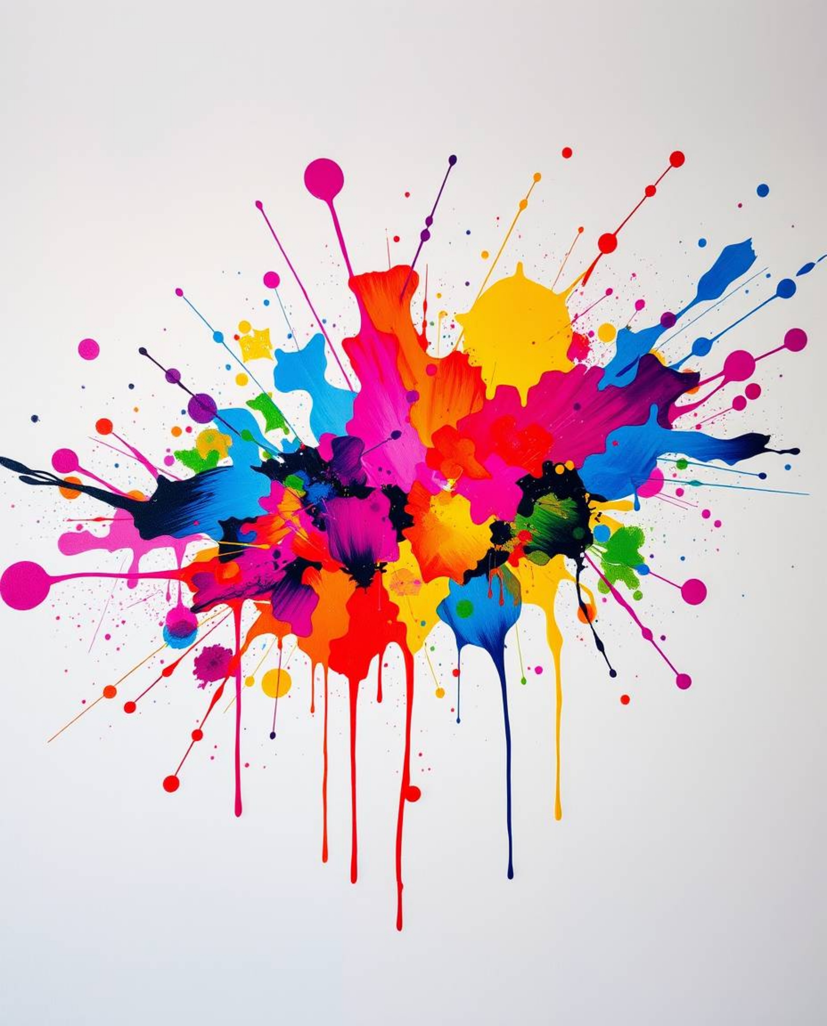 Explore a collection of dramatic cinematic style abstract paintings featuring vibrant colorful paint splashes on a white canv