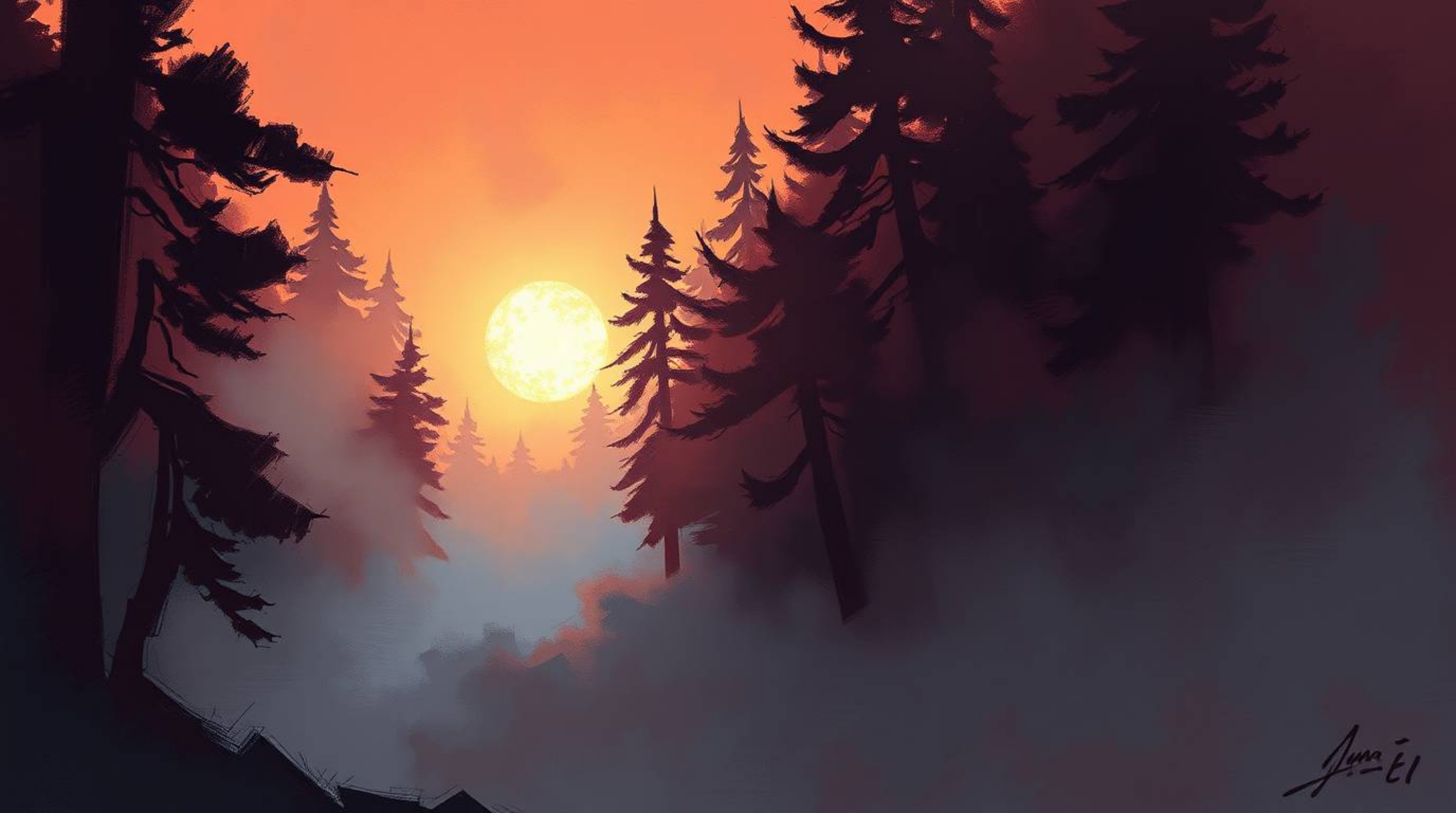 A dynamic digital sketch depicting mist rising from a forest at golden hour.  The artwork features rich burgundy and deep blu