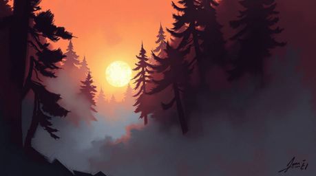 A dynamic digital sketch depicting mist rising from a forest at golden hour.  The artwork features rich burgundy and deep blu