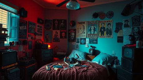 Explore a chaotic yet intriguing bedroom scene rendered in dramatic chiaroscuro lighting, showcasing a collection of peculiar