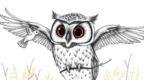 A heartwarming hand-drawn sketch depicts a blind owl with expressive eyes, patiently instructing birds in flight. Rendered in