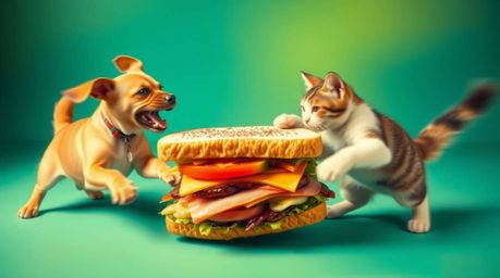 A captivating image depicting a dynamic fight between a dog and a cat over a massive sandwich.  Vibrant, complementary colors