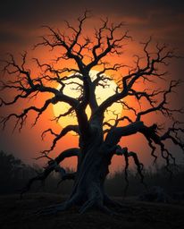 A high-resolution stock photo depicting a sunset behind an old oak tree with twisted branches. This image is defined by its e