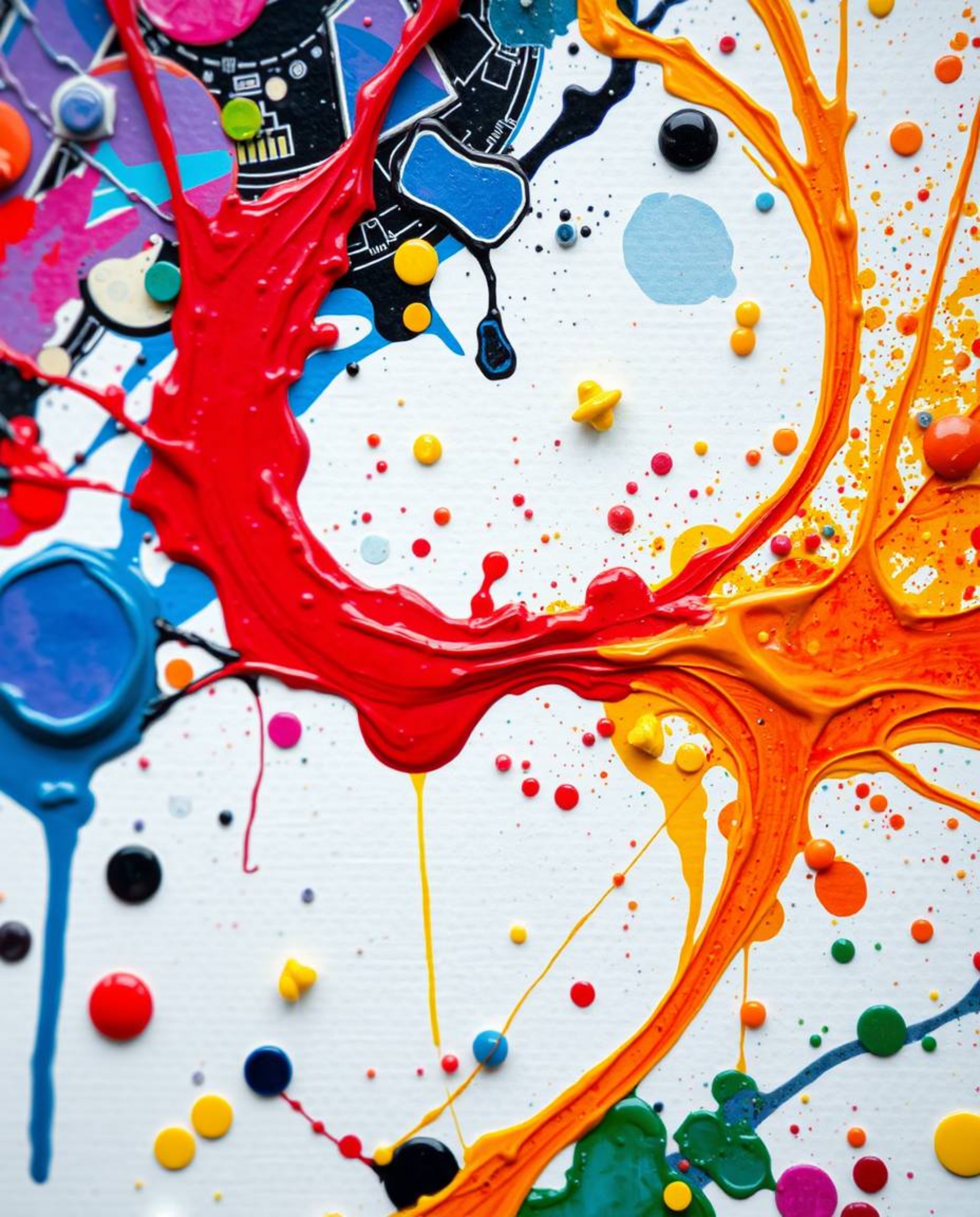 Explore captivating futuristic abstract paintings featuring vibrant colorful paint splashes on a white canvas. These high-det
