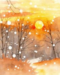 A delicate watercolor painting captures the magical moment of snowflakes falling during a vibrant sunset. Using warm autumn c