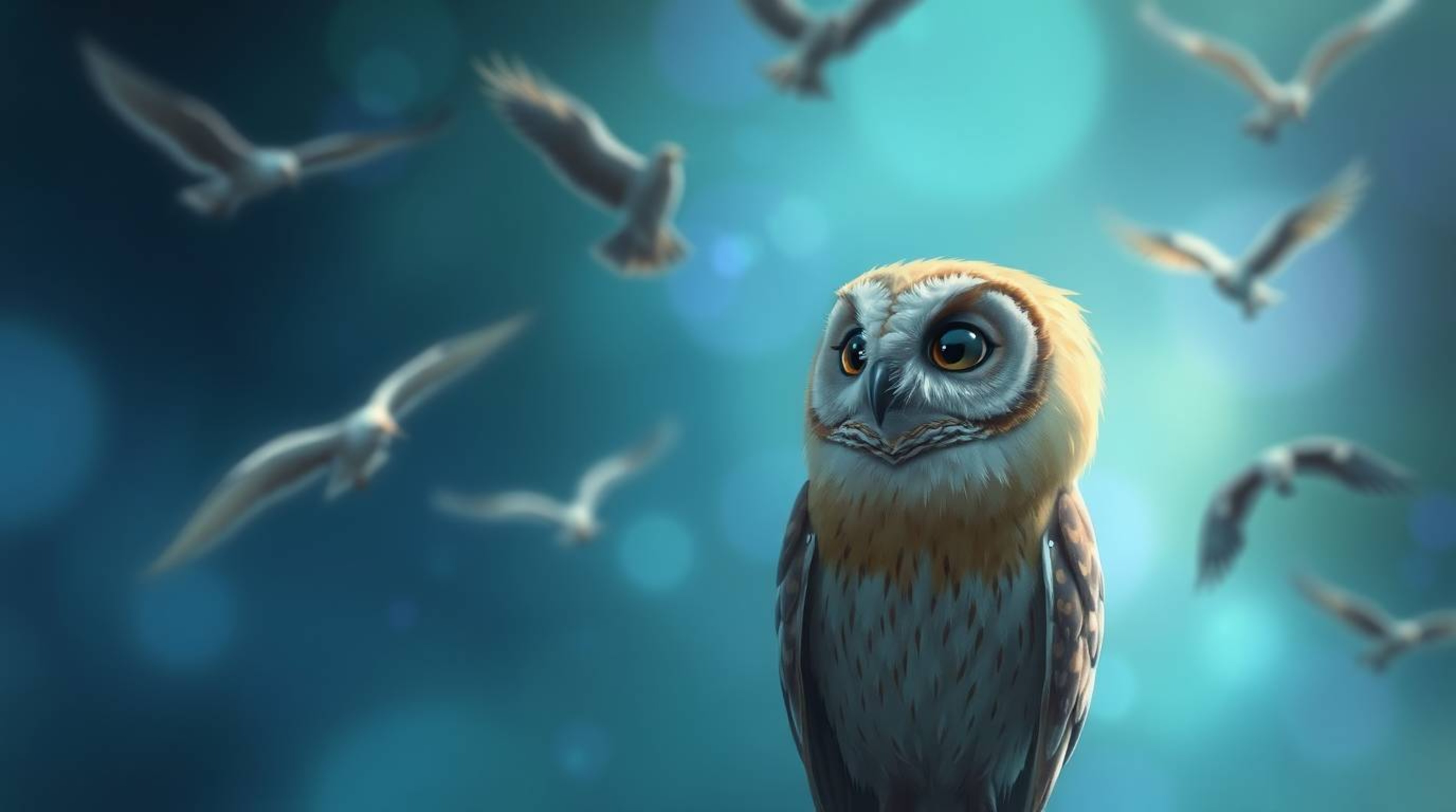 A Pixar-style illustration captures a serene, blind owl with light brown feathers, created with a long exposure effect. The o