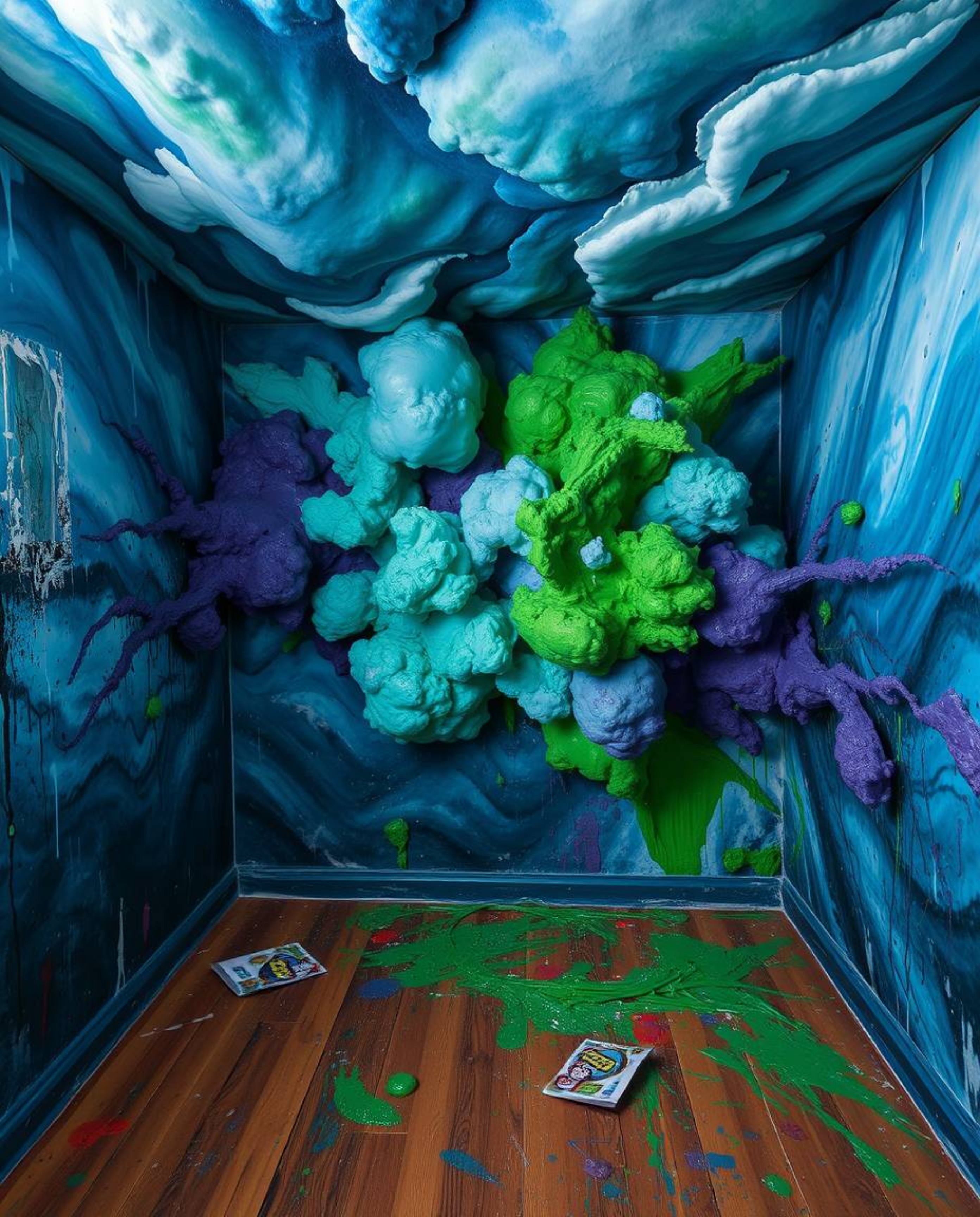 This artwork captures the chaotic beauty of a room exploding with paint, set against a backdrop of intense dramatic weather. 