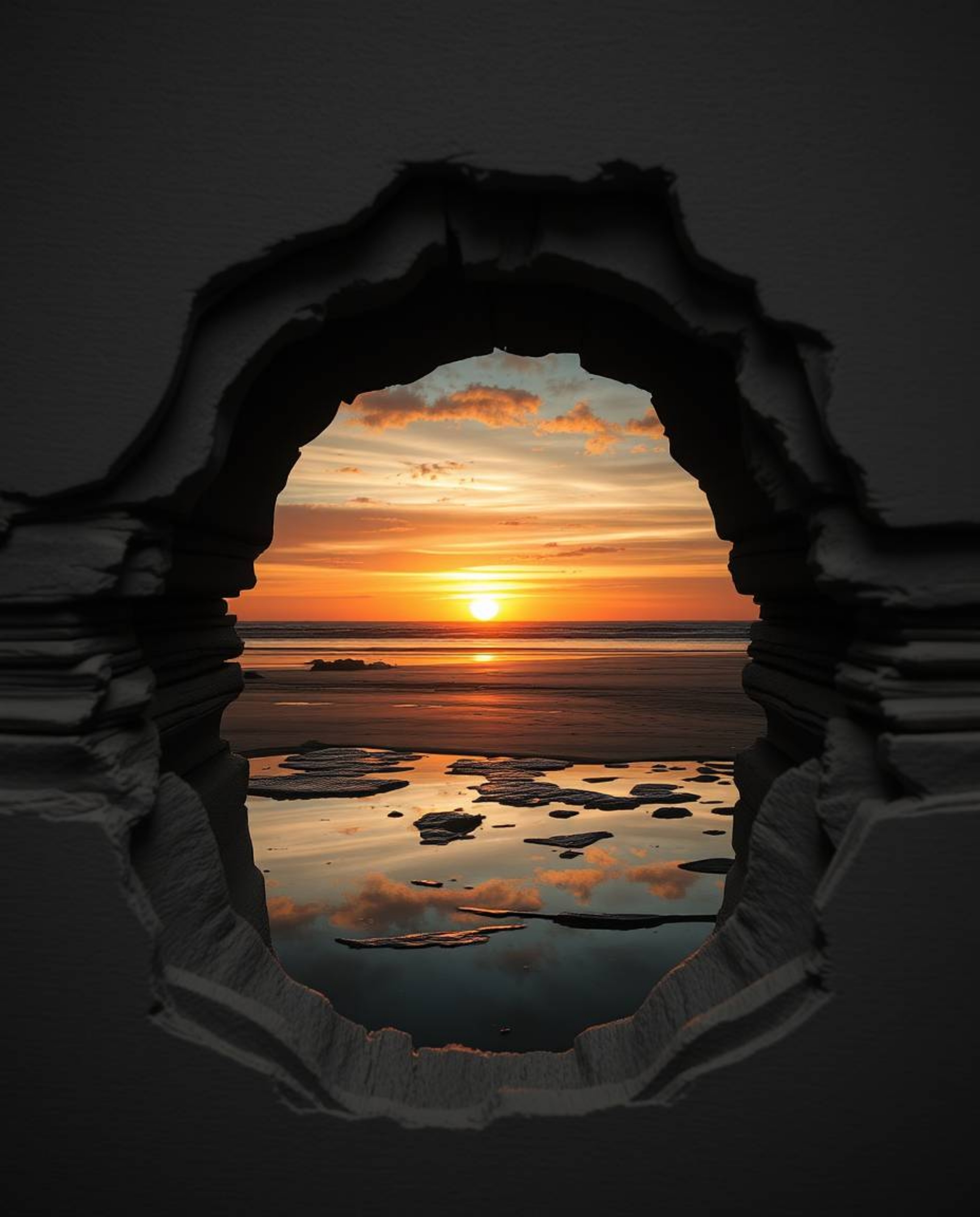 A strong, moody, low-contrast image of layered papier-mâché mirrors a sunset sky as it's reflected in the tidal pools of a be