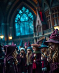 Discover a captivating image of a magical school brimming with young wizards.  The scene is rich in deep burgundy and blue hu
