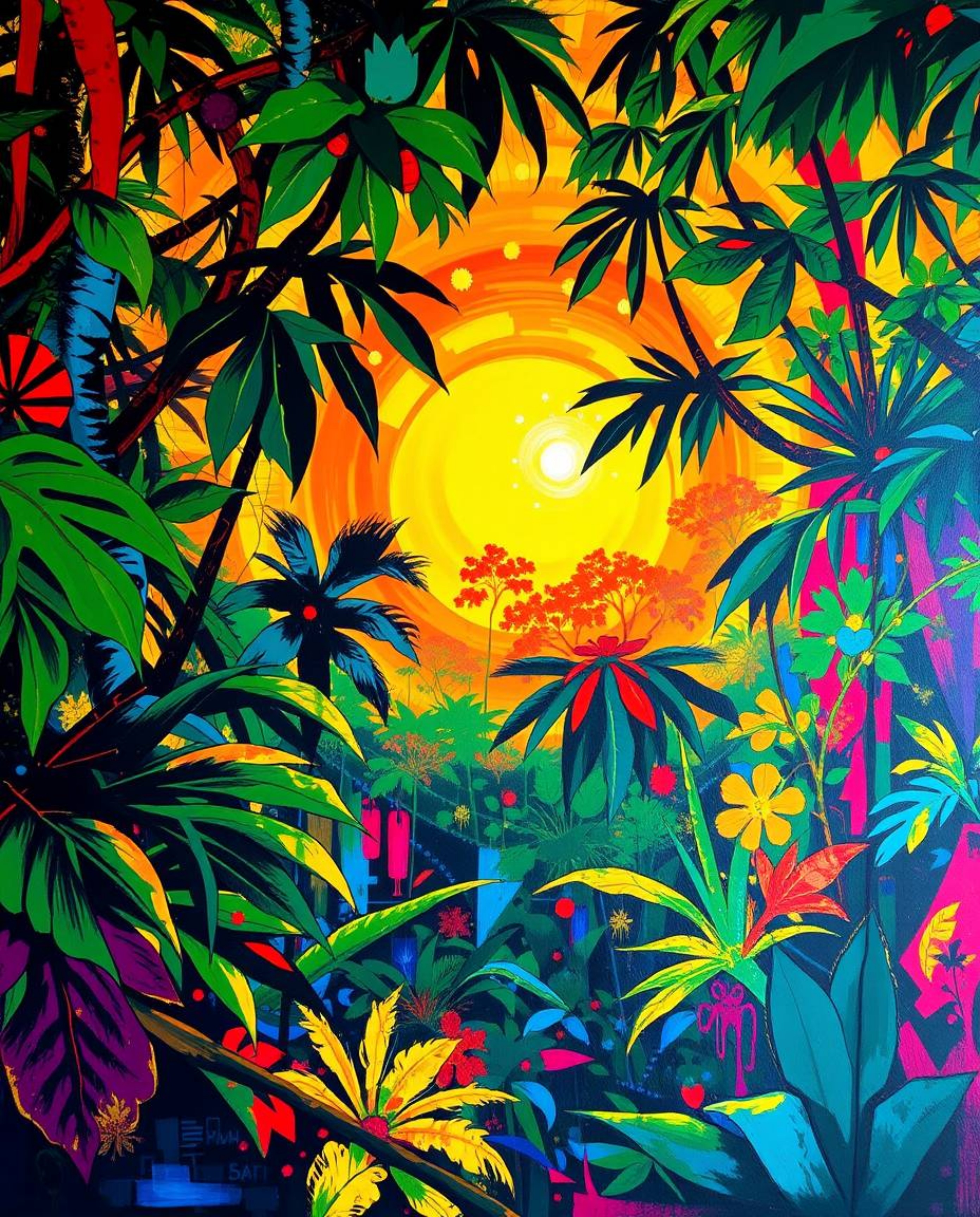 A vibrant and energetic abstract painting that captures the essence of a sunset viewed through a dense jungle canopy. This pi