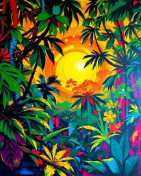 A vibrant and energetic abstract painting that captures the essence of a sunset viewed through a dense jungle canopy. This pi