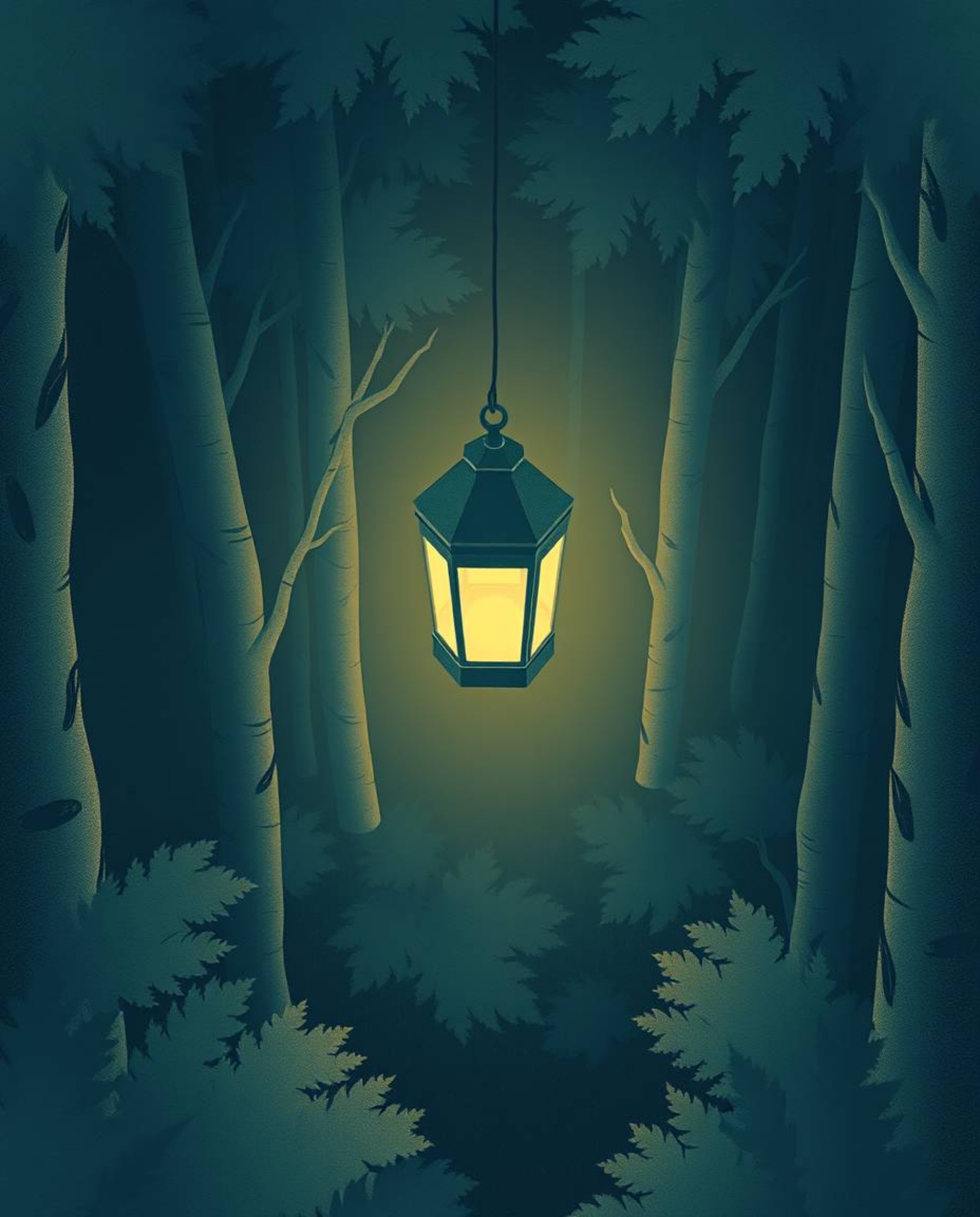 Experience the tranquility of a dark forest illuminated by a glowing lantern, captured from a bird's eye perspective. This ar