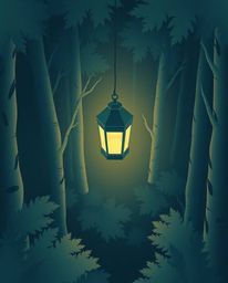 Experience the tranquility of a dark forest illuminated by a glowing lantern, captured from a bird's eye perspective. This ar