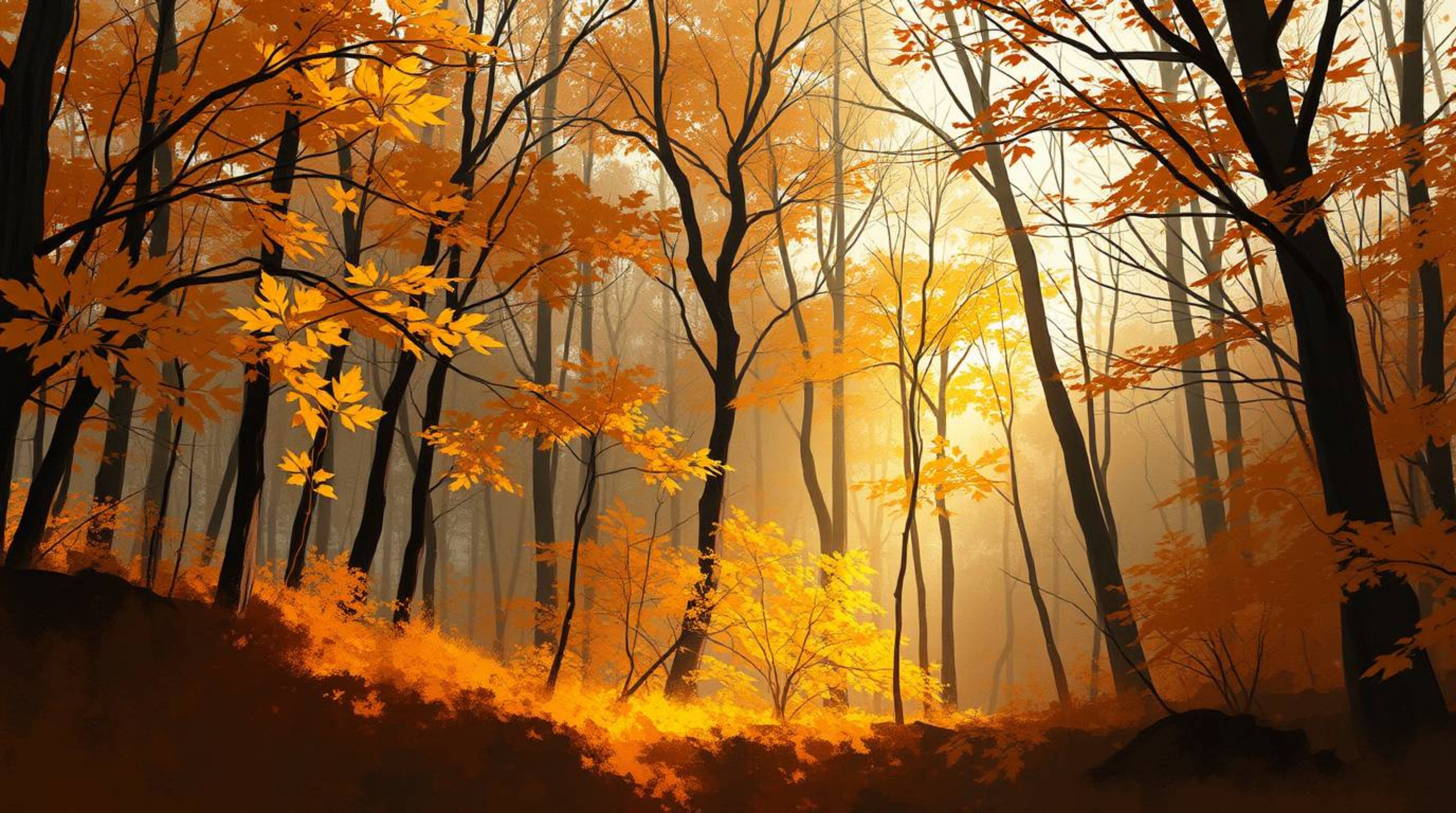 A captivating digital sketch depicting an autumn forest bathed in the golden light of a sunset.  Painterly strokes and a hazy