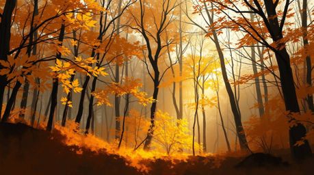 A captivating digital sketch depicting an autumn forest bathed in the golden light of a sunset.  Painterly strokes and a hazy