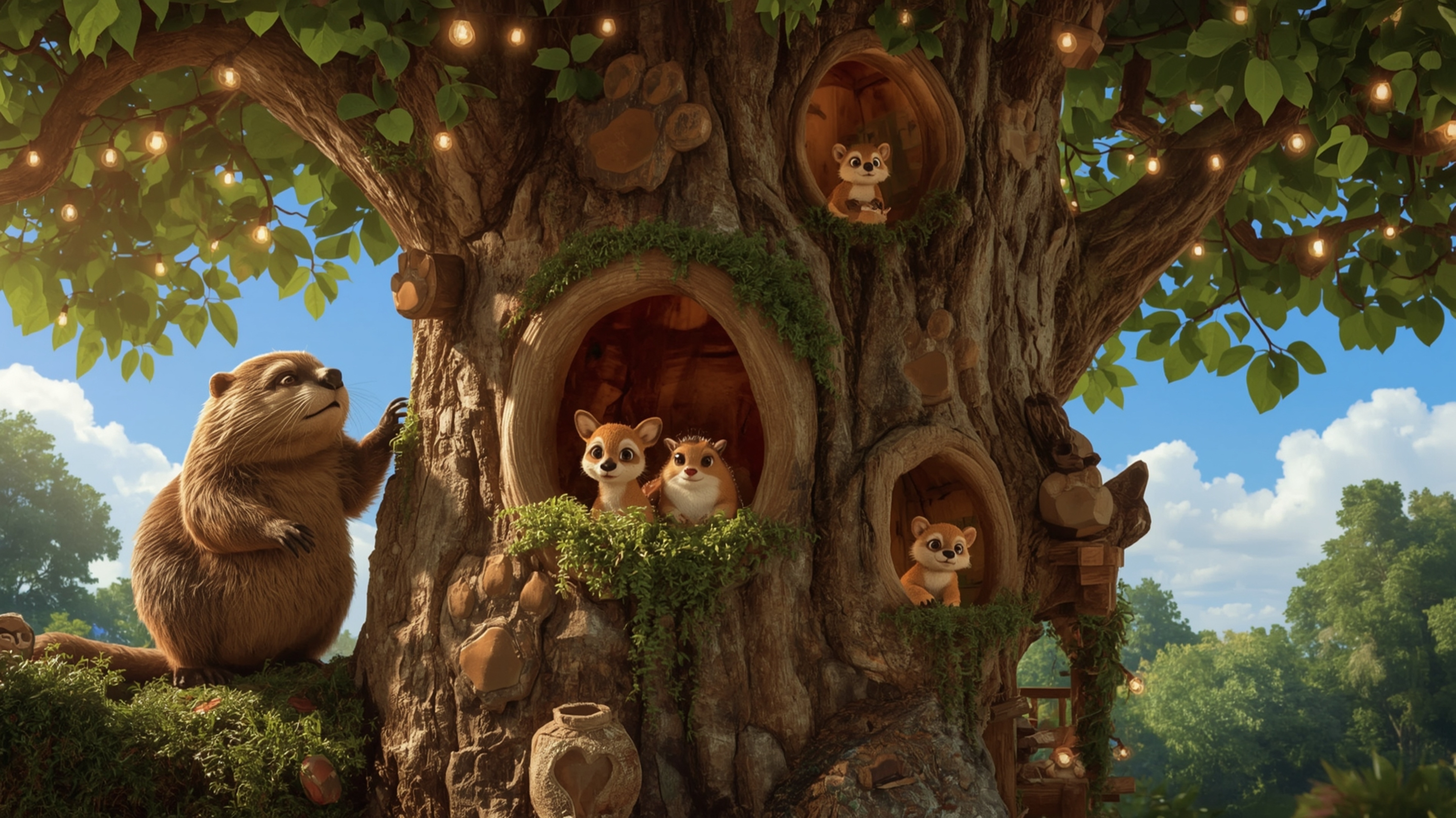 A highly detailed, high-resolution stock photo captures a busy beaver in a whimsical, Pixar-inspired style, meticulously cons
