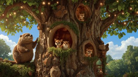 A highly detailed, high-resolution stock photo captures a busy beaver in a whimsical, Pixar-inspired style, meticulously cons
