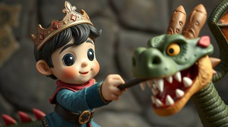 A charming papier-mâché prince with endearing rounded features, reminiscent of 1950s animation, bravely faces a fierce dragon