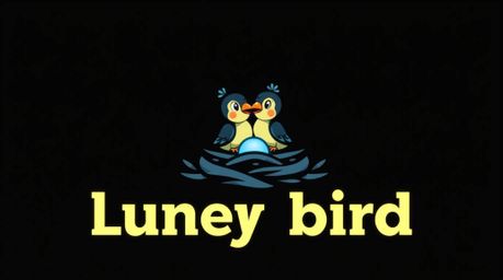 A strong, moody logo design depicting two cartoon birds in a classic animation style, collaborating to build a nest. The artw