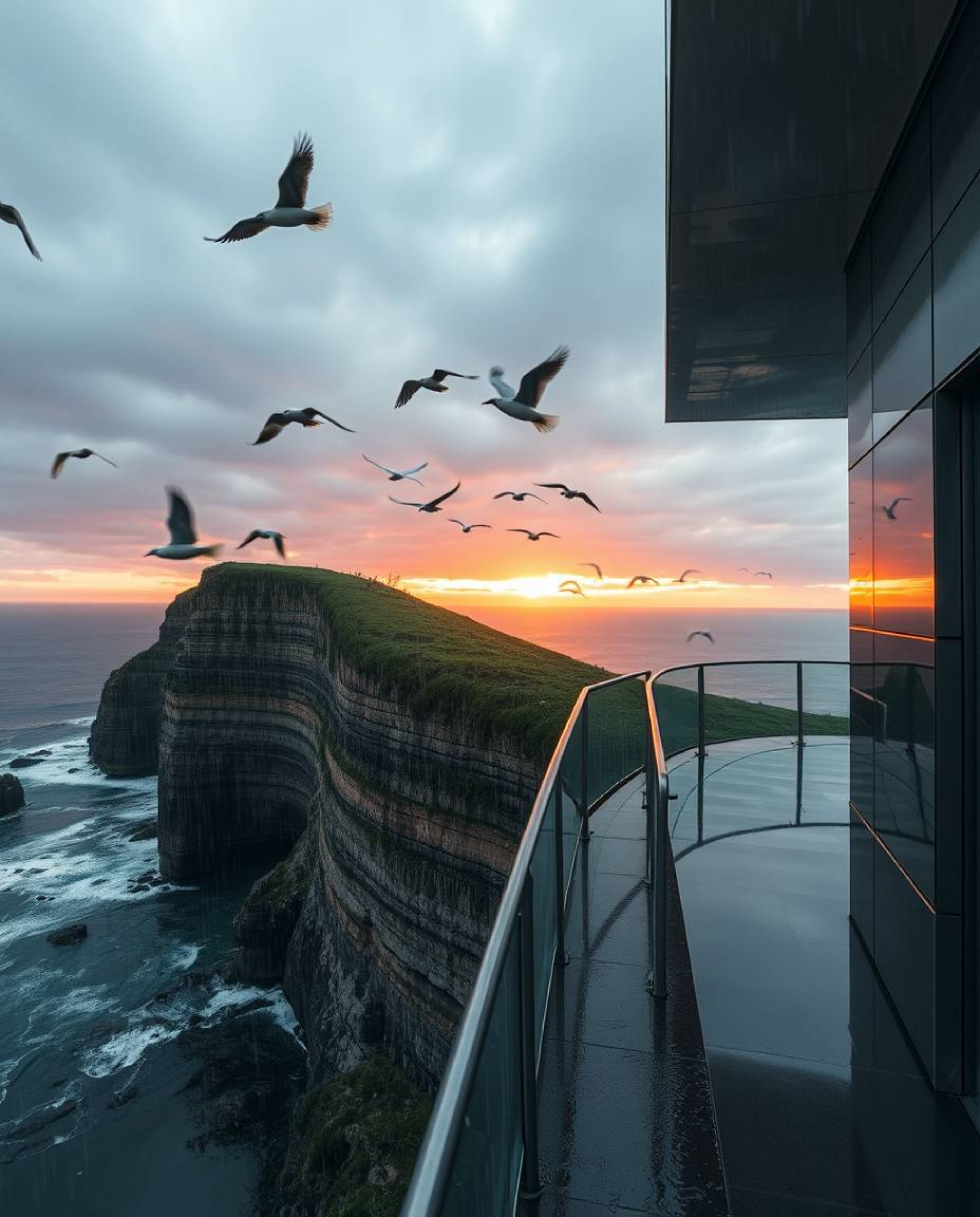 This is a precise architectural color photograph of a wet, rainy sunset over a coastal cliff, featuring soaring birds. The im