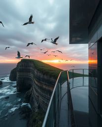 This is a precise architectural color photograph of a wet, rainy sunset over a coastal cliff, featuring soaring birds. The im