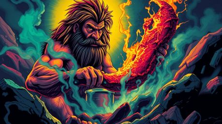 This artwork depicts a caveman cooking mammoth meat in a surreal and dynamic scene. Electric vivid colors and bold outlines b