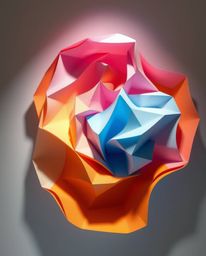 An intricate origami style rendering showcases colorful 3D fluid shapes interacting harmoniously with precise geometric forms