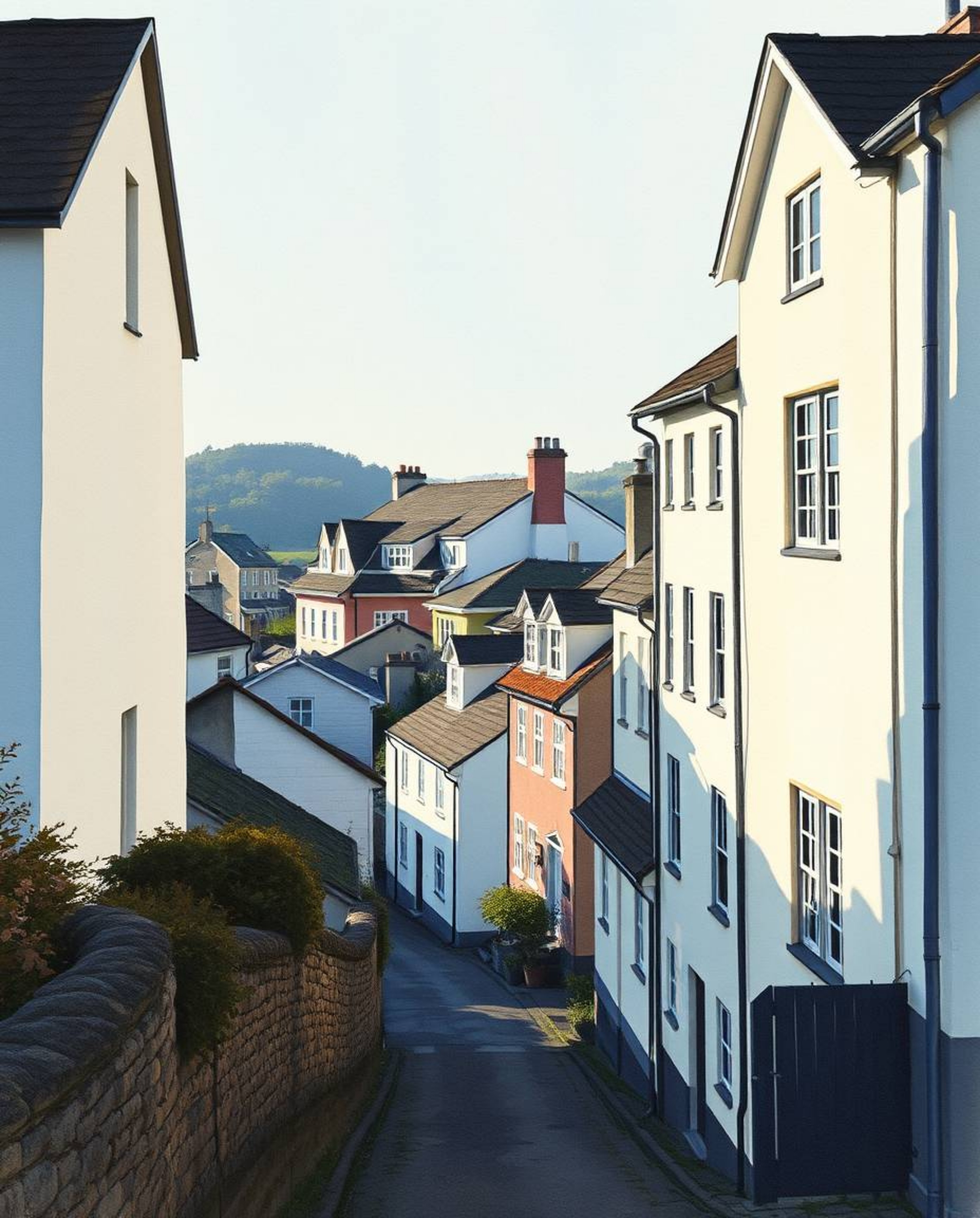 Discover stunning watercolor paintings of a sleepy town featuring pastel-colored houses, dramatic light and shadow contrast, 