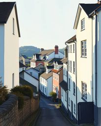 Discover stunning watercolor paintings of a sleepy town featuring pastel-colored houses, dramatic light and shadow contrast, 