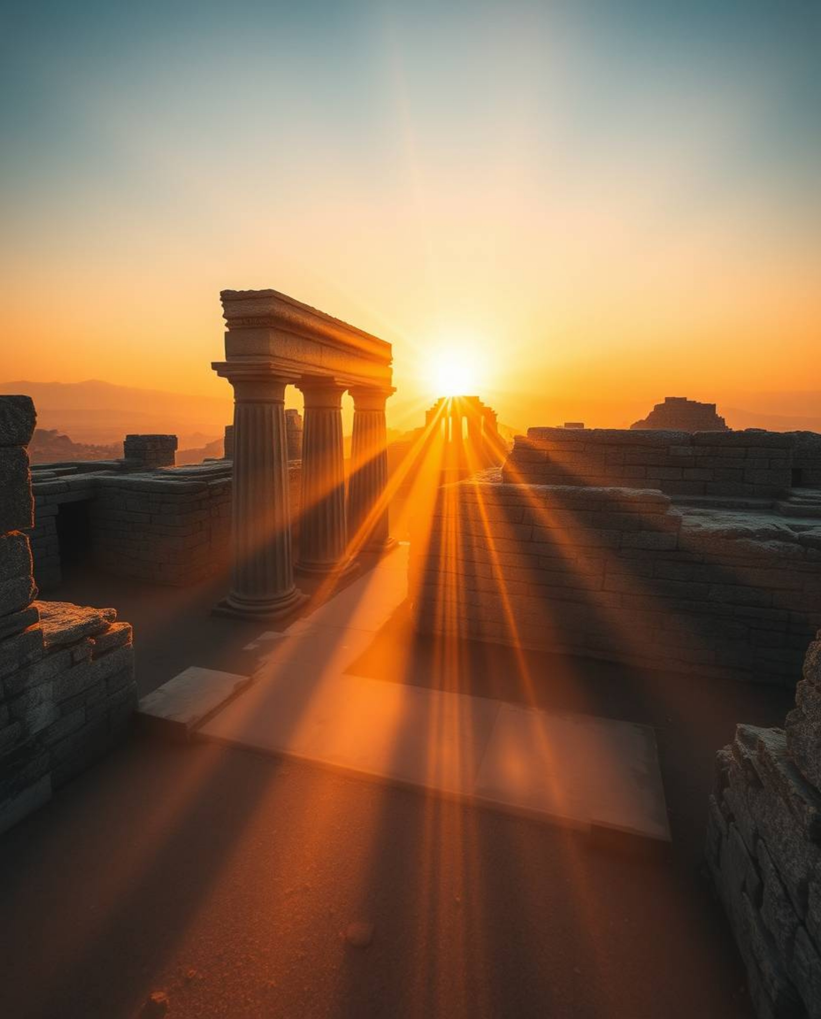 A high-angle perspective reveals volumetric lighting illuminating ancient stone ruins as the sun sets. This dramatic view sho