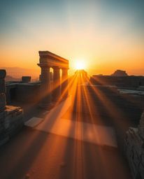 A high-angle perspective reveals volumetric lighting illuminating ancient stone ruins as the sun sets. This dramatic view sho